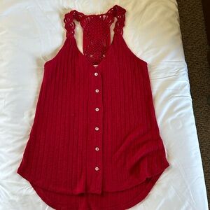 Red crochet back button up tank top